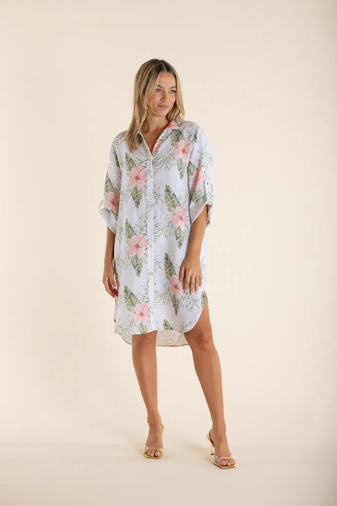 Eva Blue Tropical Shirt Dress
