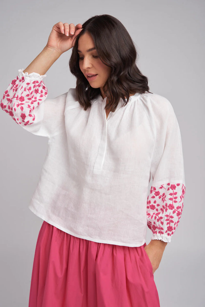Vera Hand-Embroidered Blouse, White Linen