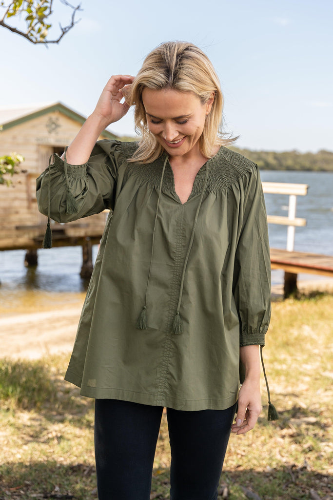 Cotton Sateen Peasant Top in Olive - EumundiStyle