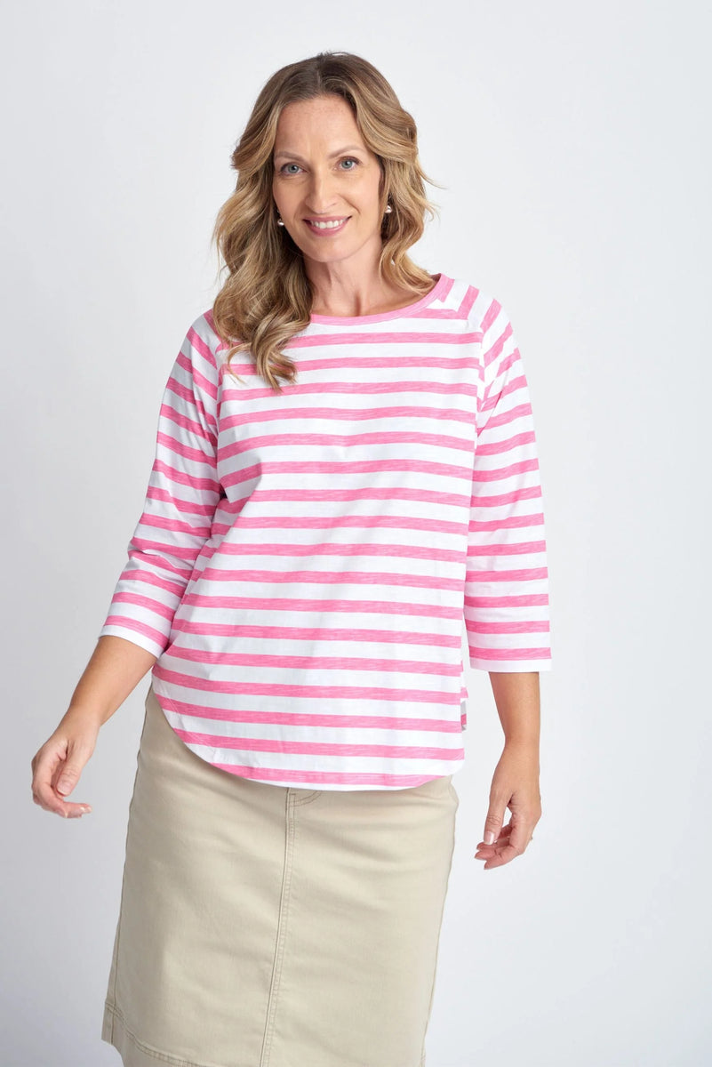 Cotton Raglan Sleeve Stripe Tee Pink/White – Eumundi Style