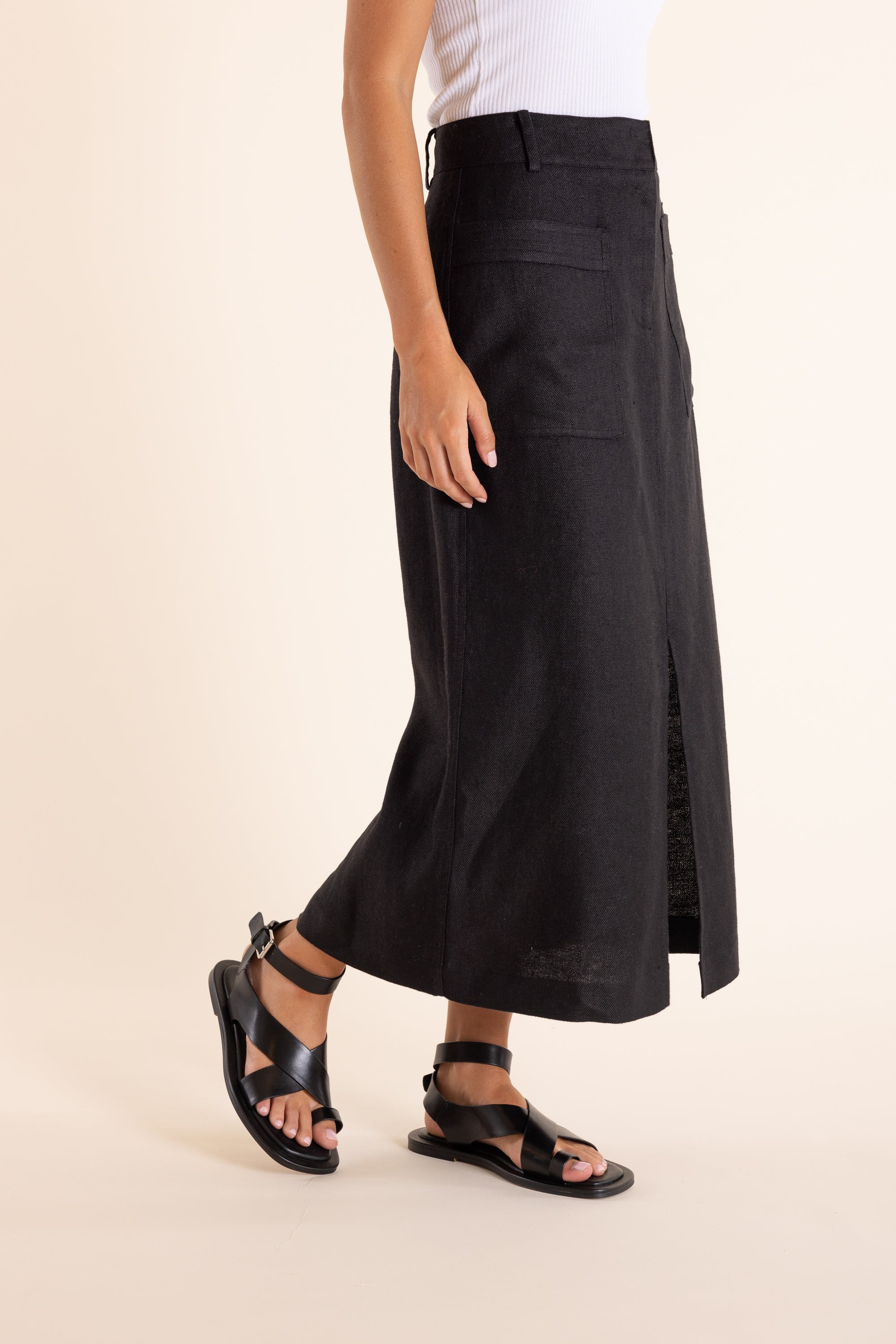 Textured Linen Midi Skirt Black – Eumundi Style