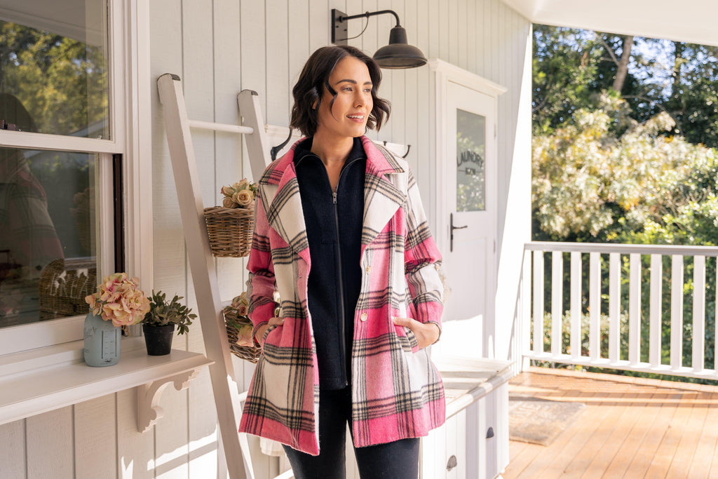 Brushed Wool Check 2 Button Coat in Pink Check - EumundiStyle