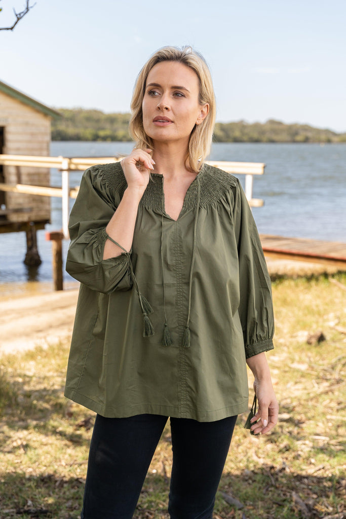 Cotton Sateen Peasant Top in Olive - EumundiStyle