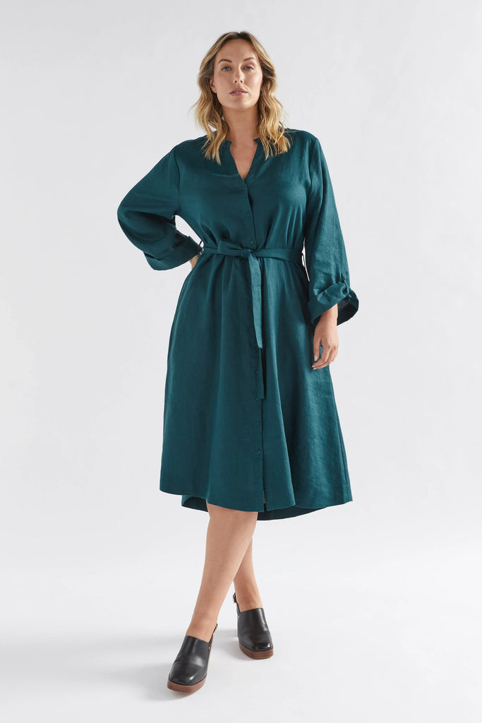 Elev Linen Shirt Dress - Peacock - EumundiStyle