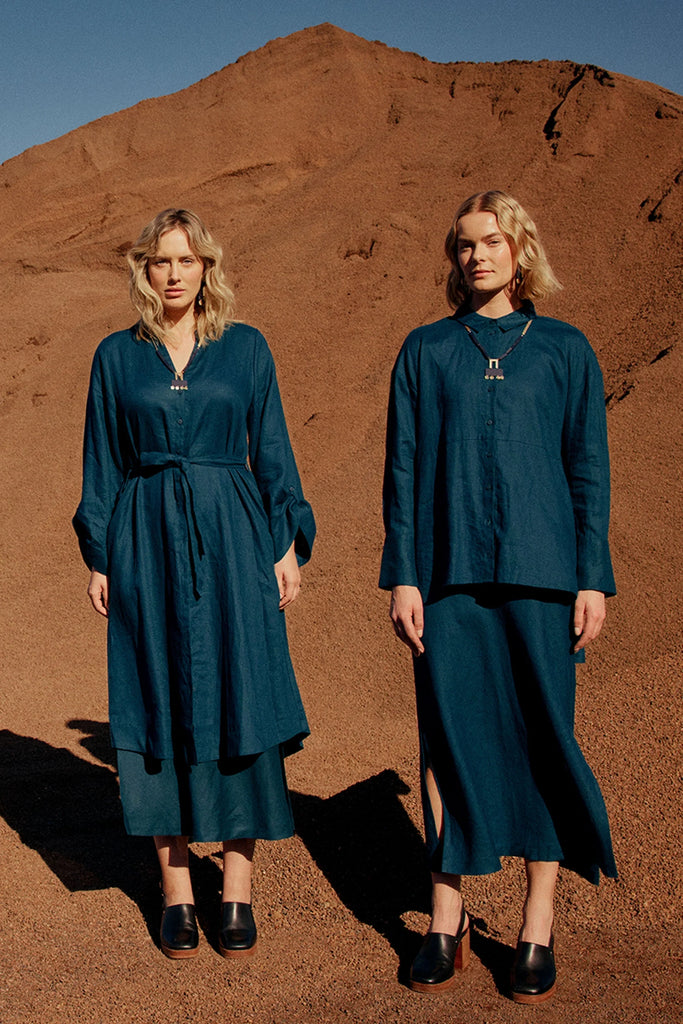 Elev Linen Shirt Dress - Peacock - EumundiStyle