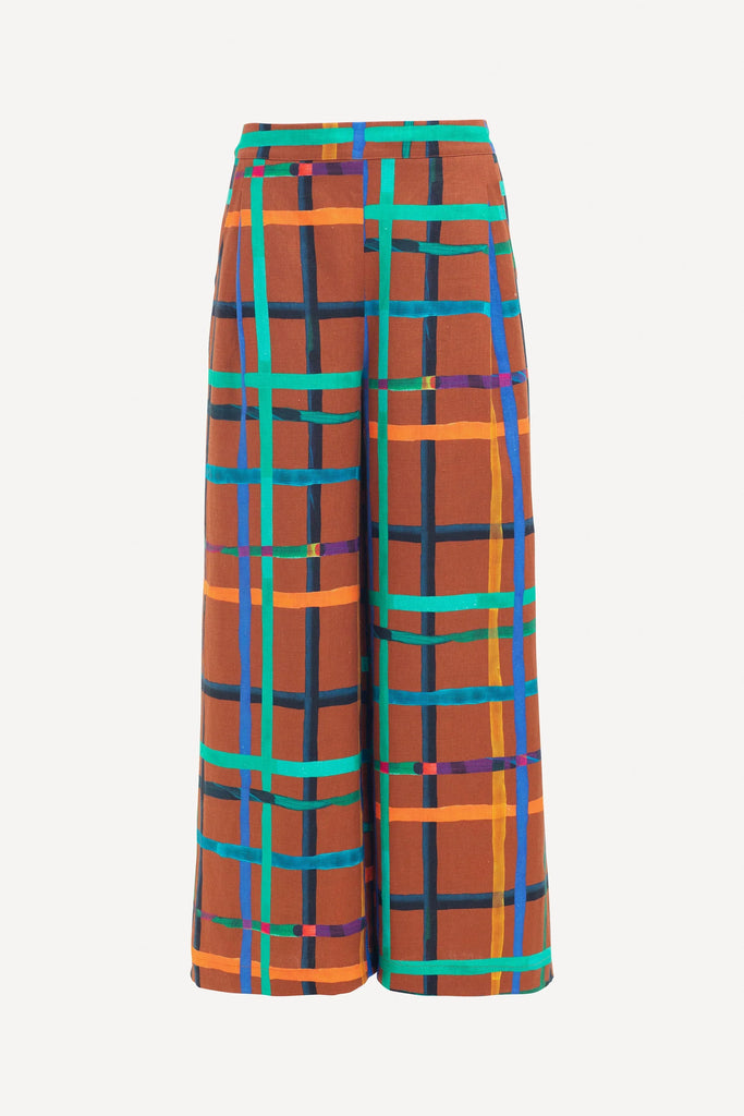 Ilona Linen Print Pant - Brea Check - EumundiStyle