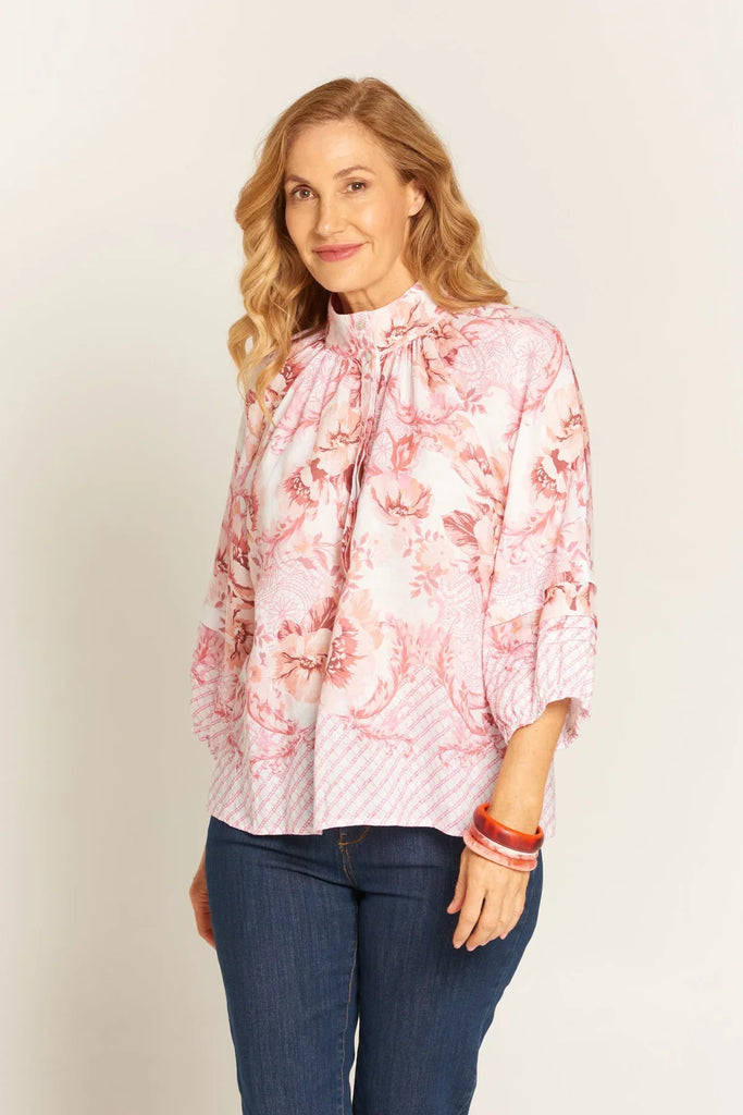 Jade Blouse in Bordered Floral Print Pink - EumundiStyle