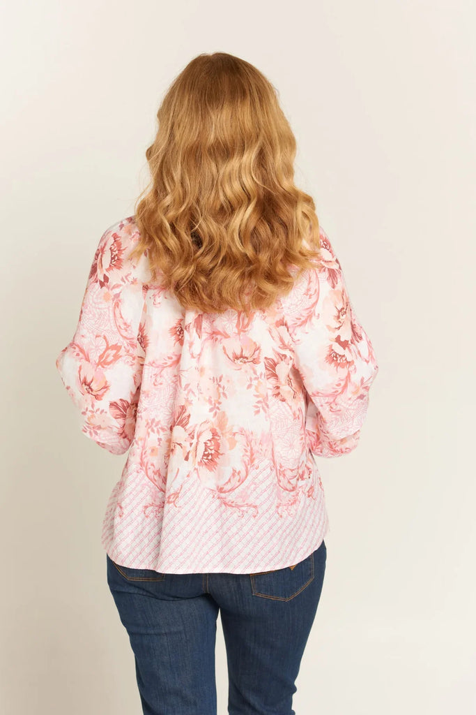 Jade Blouse in Bordered Floral Print Pink - EumundiStyle