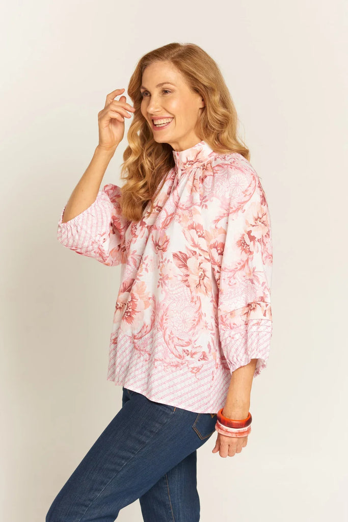 Jade Blouse in Bordered Floral Print Pink - EumundiStyle