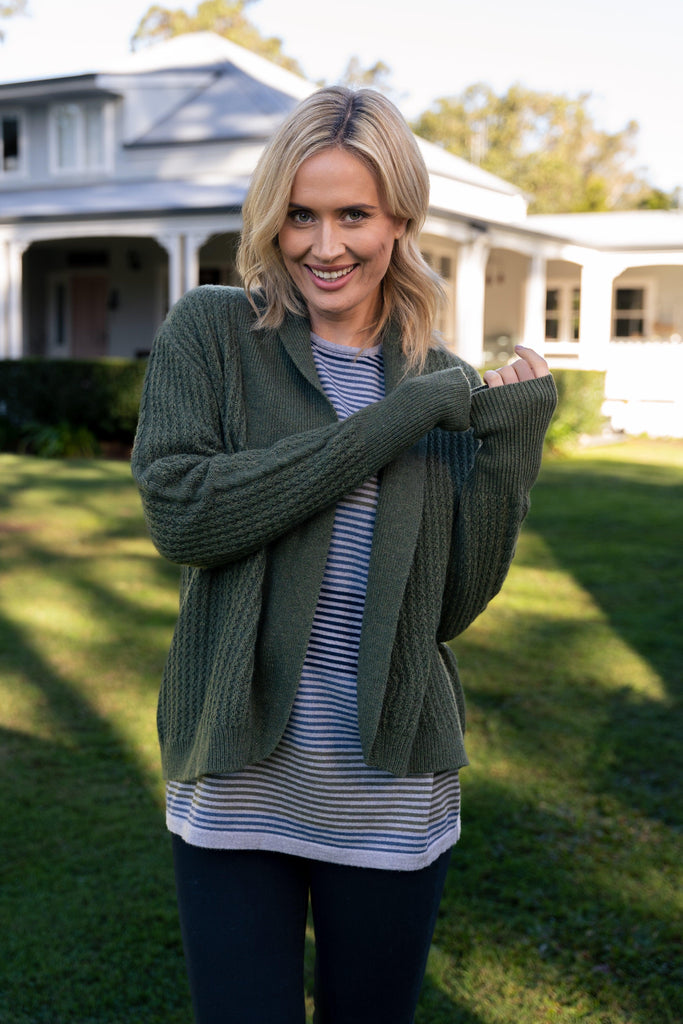 Lambswool Blend Open Curve Hem Cardigan in Olive - EumundiStyle