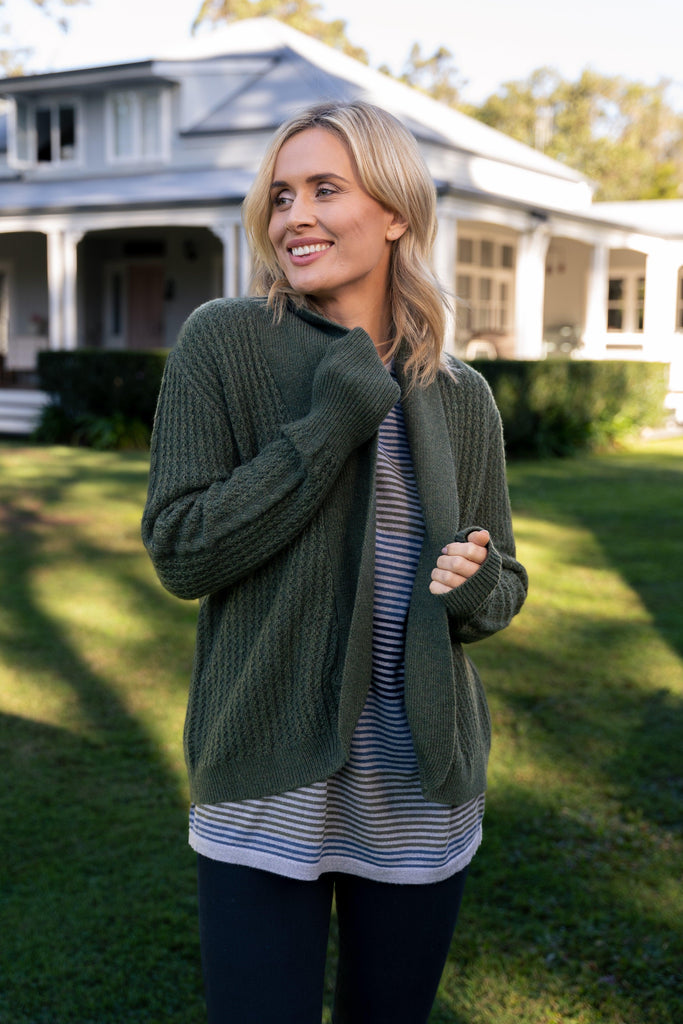 Lambswool Blend Open Curve Hem Cardigan in Olive - EumundiStyle
