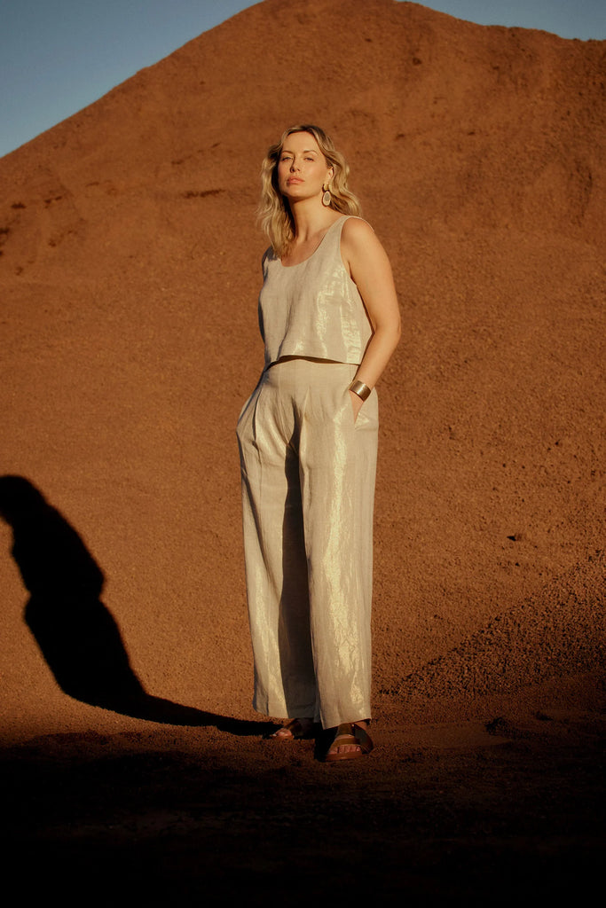 Metalen Pant - Gold Linen - EumundiStyle