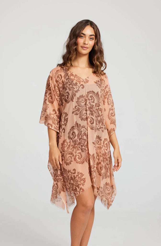 Sierra Kaftan - Cocoa + Hot Pink Fleur de Lis - EumundiStyle