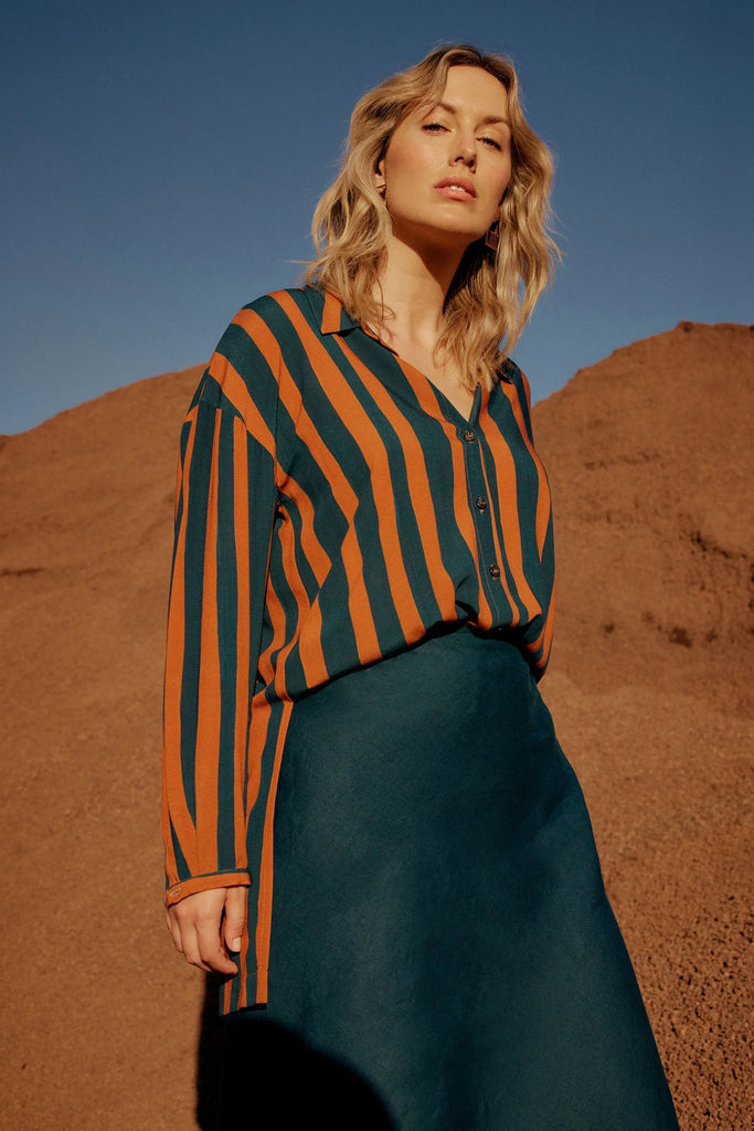 Tilbe Shirt - Bronze/Teal Paint Stripe - EumundiStyle